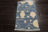 2x3 Blue, Beige, Ivory Color Hand Knotted Afghan Oushak Wool Transitional Oriental Rug